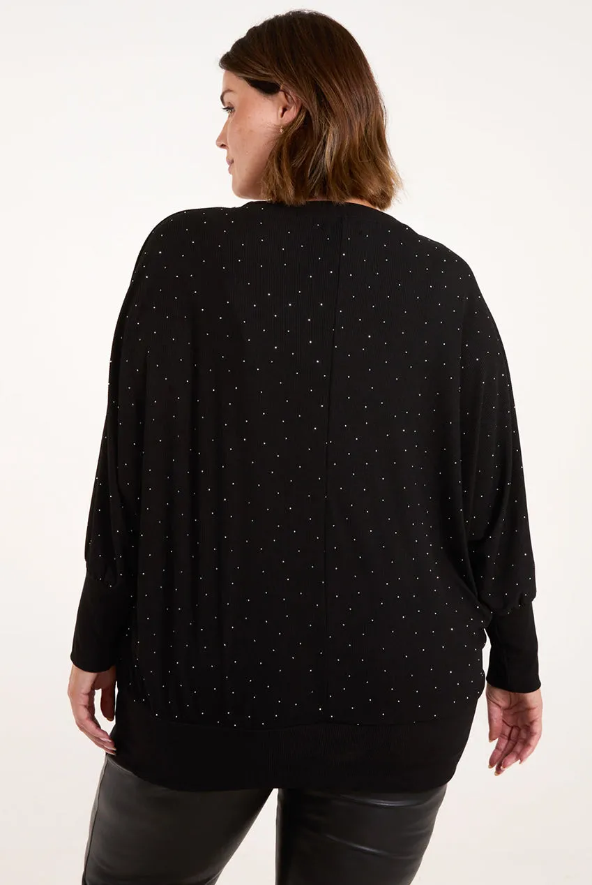 Blue Vanilla Curve top nero strass manica pipistrello taglia unica