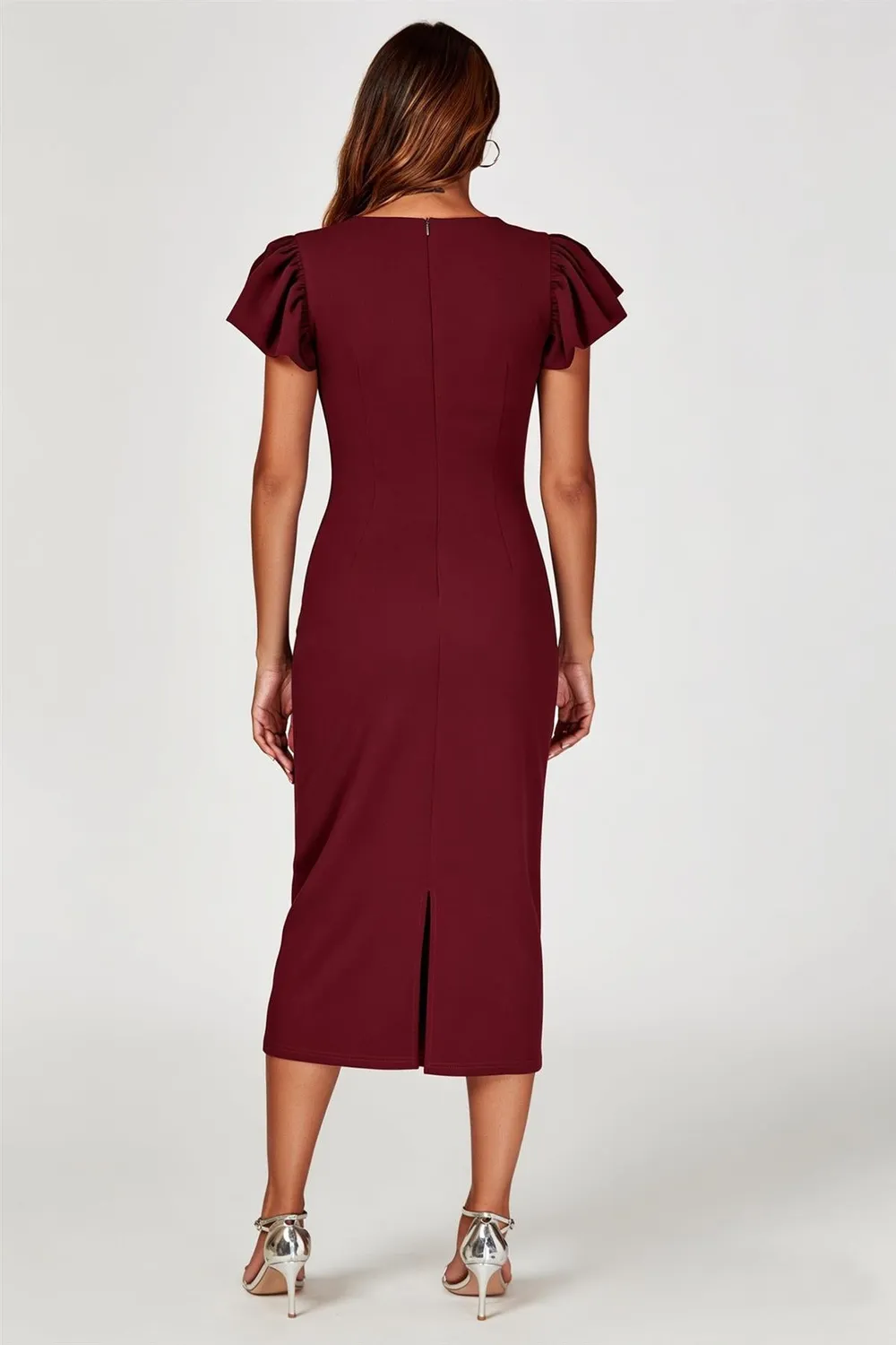 FS Collection abito midi bodycon bordeaux manica volant