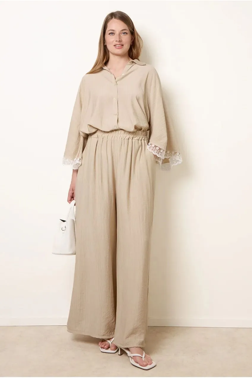Goddiva Crinkle Viscose Wide Leg pantaloni beige