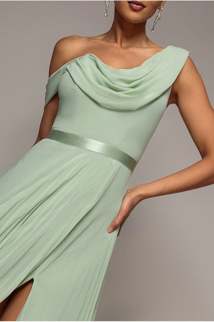 Goddiva One Shoulder A Line abito maxi verde salvia chiffon