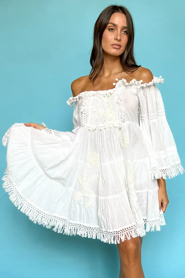 Antica Sartoria Positano DV1432 abito corto bianco spalle scoperte