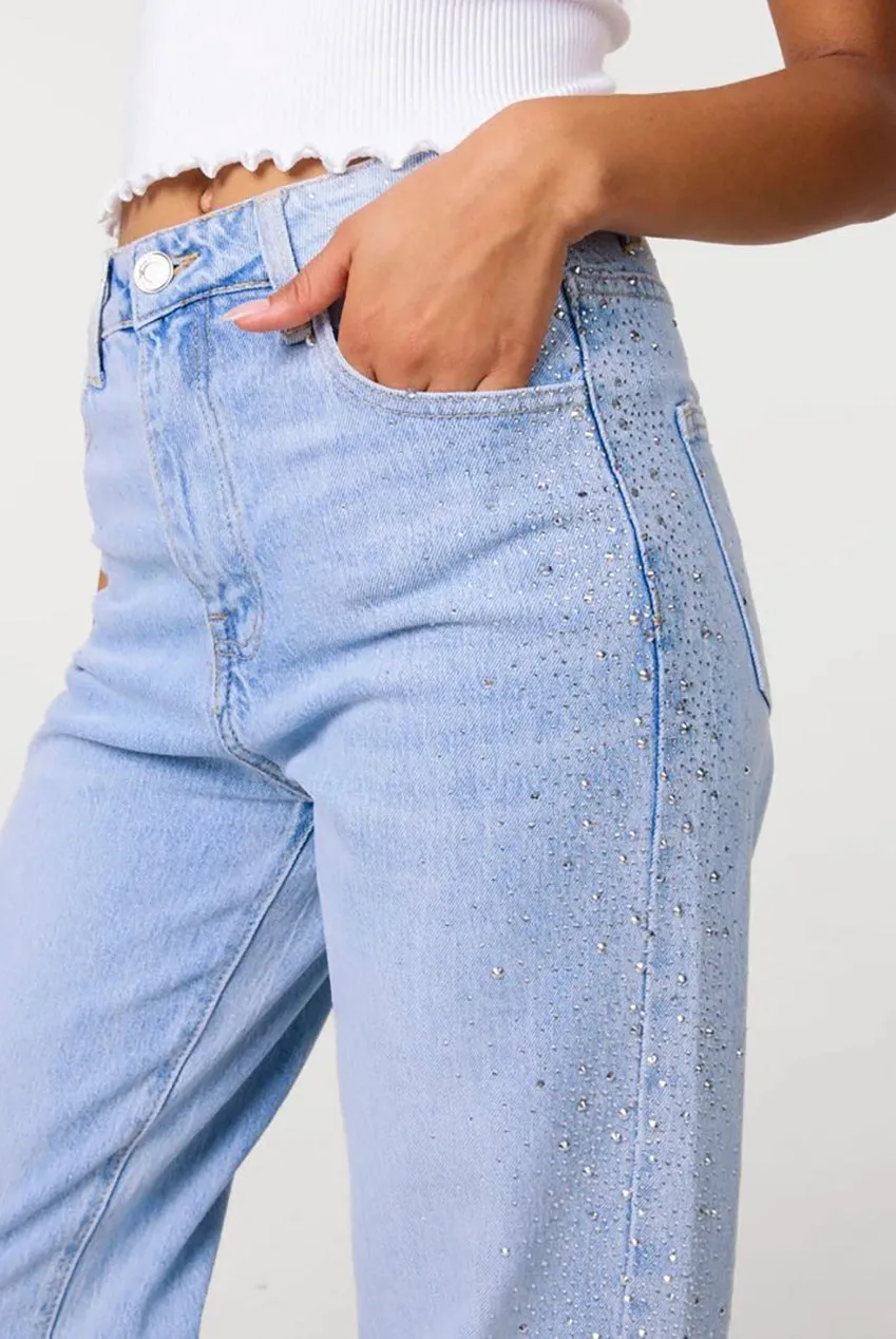 Pink Vanilla Diamante Jeans Denim Chiaro Gamba Larga