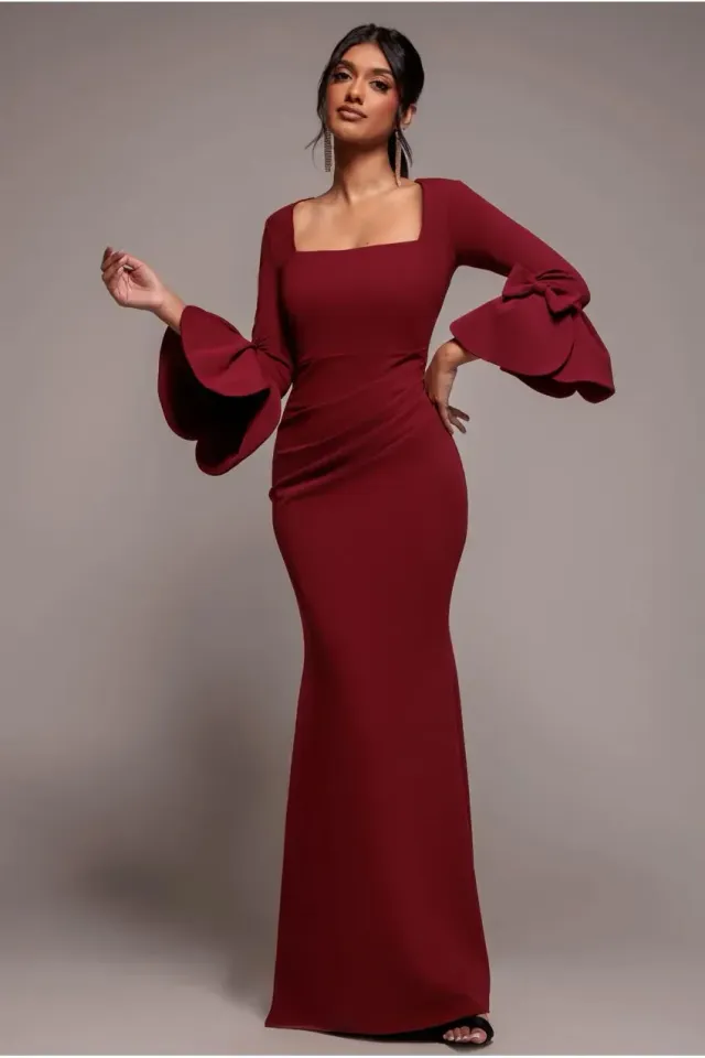 Goddiva Petal Bow Sleeve Frill abito lungo vino scollo quadrato