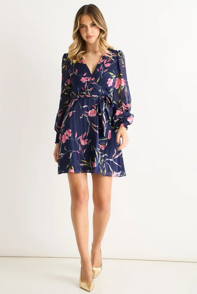Gini London Abito Mini Wrap Navy Floreale Chiffon