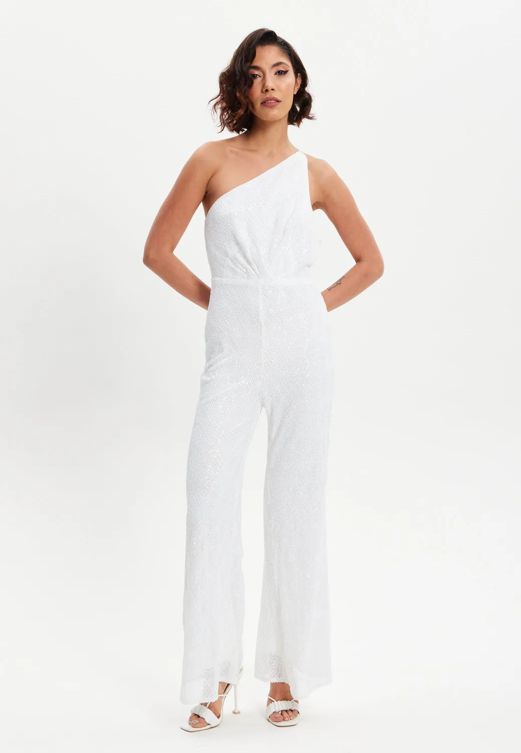 Liquorish One Shoulder Backless tuta bianca paillettes monospalla