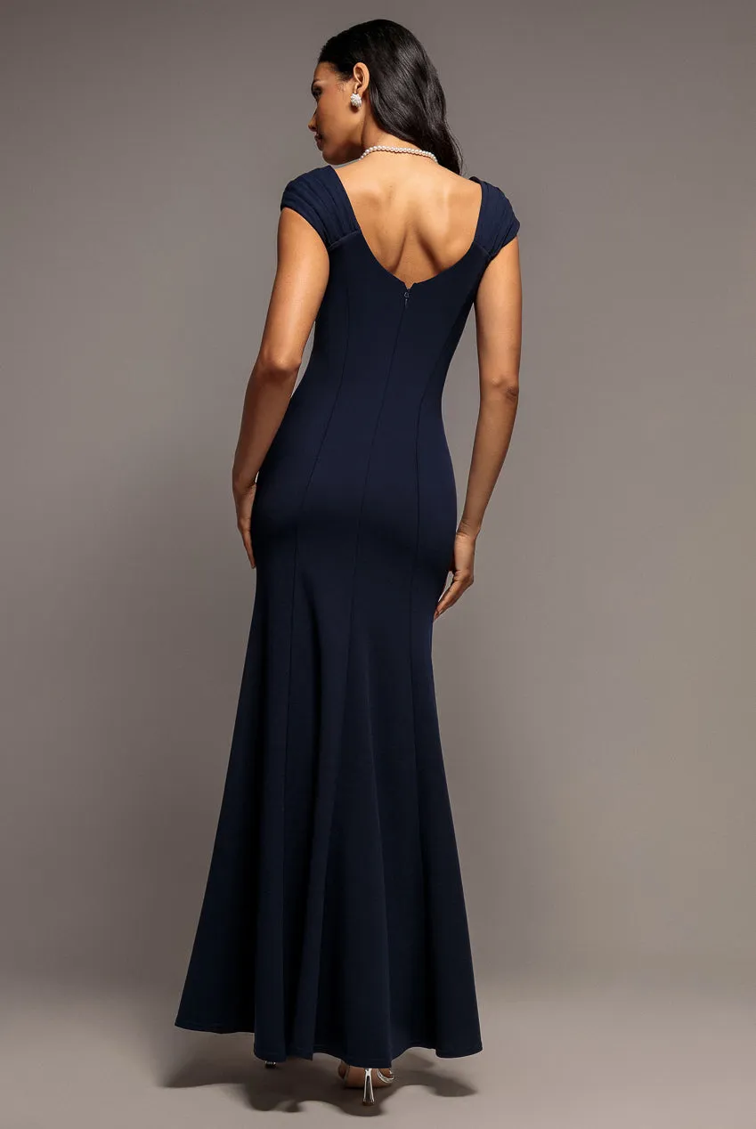 Goddiva Capped Sleeve Pleated abito maxi blu navy scuba