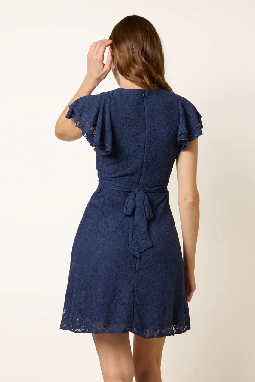 Blue Vanilla Lace Angel Sleeve mini abito pizzo navy