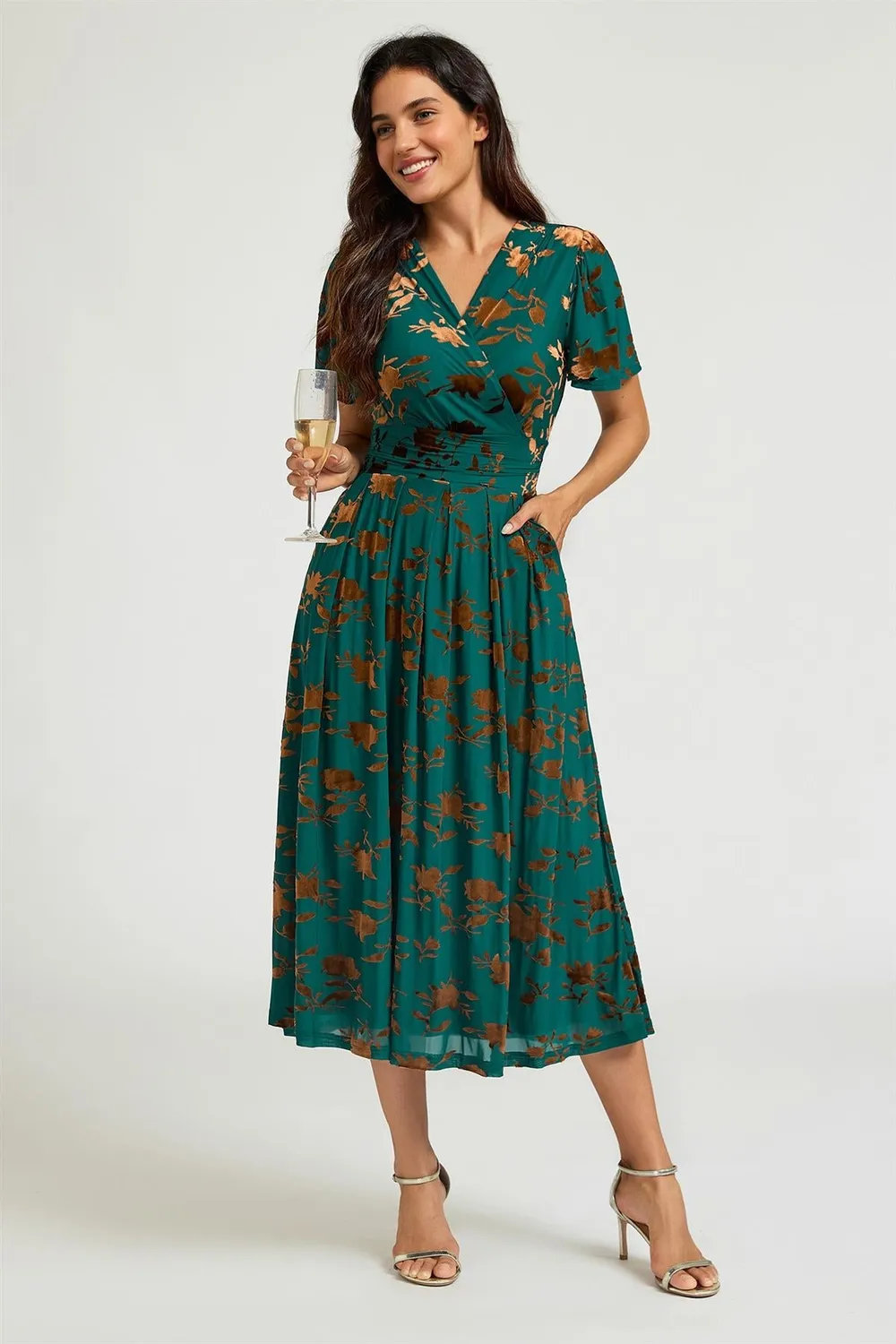 FS Collection Velvet Flock abito midi verde giada velluto