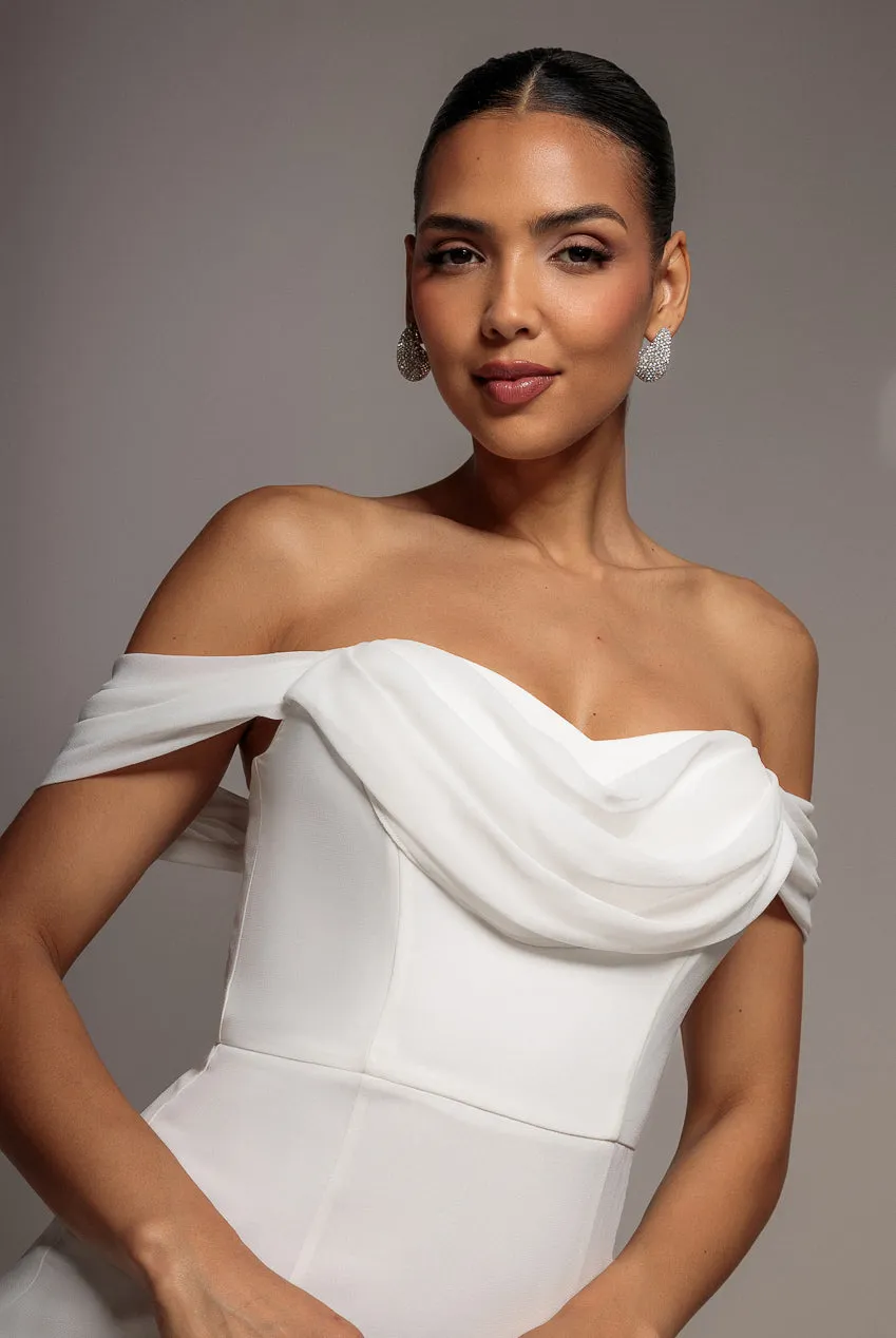 Goddiva Chiffon Bardot Cowl Neck abito maxi bianco scollo