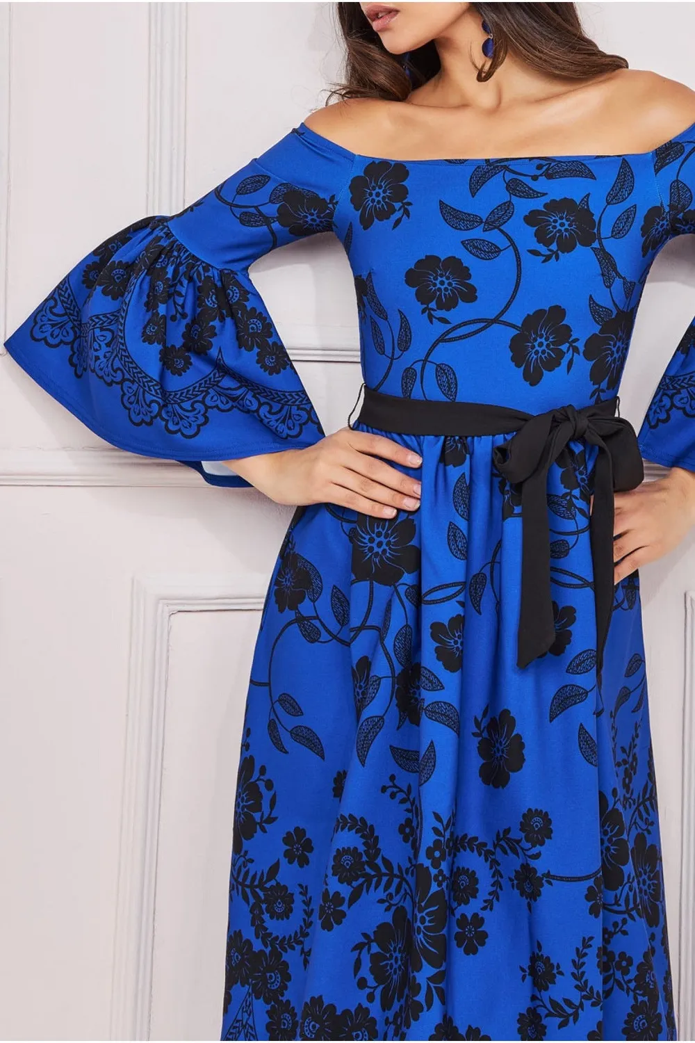 Goddiva abito midi blu royal floreale off shoulder