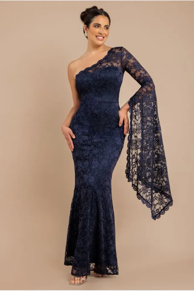 Goddiva One Shoulder Scalloped abito maxi blu scollatura