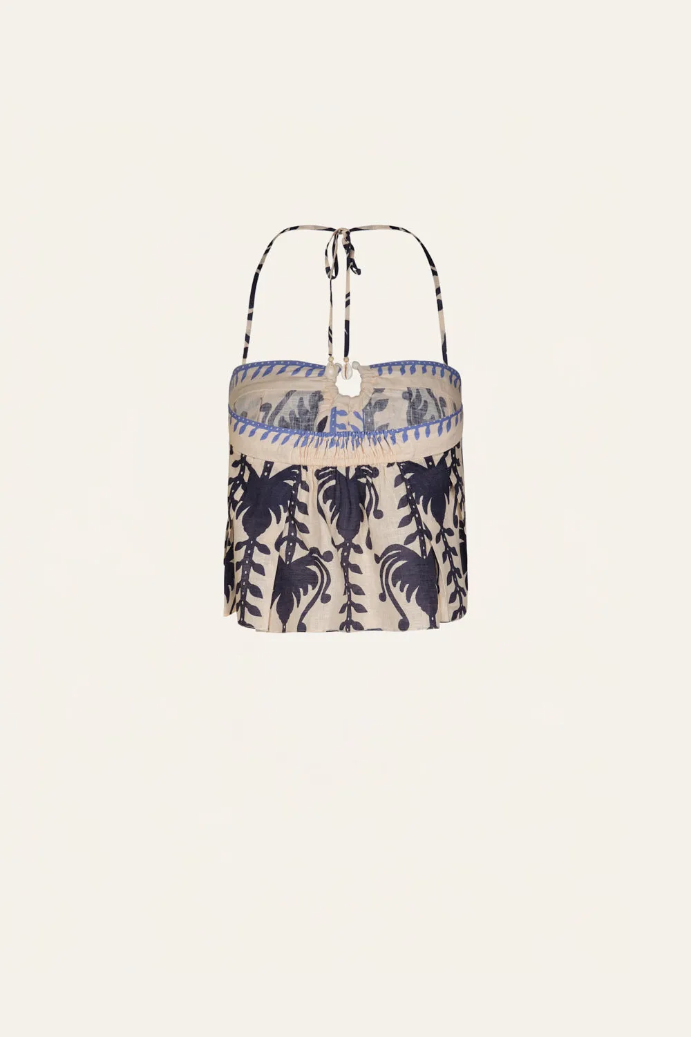 Johanna Ortiz Oceanic top lino halter ecru blu