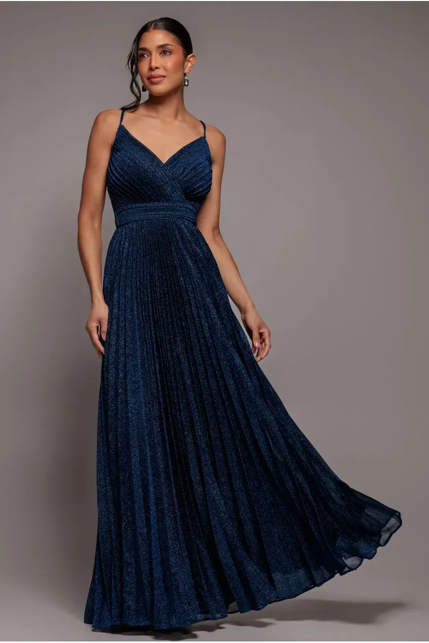 Goddiva Pleated A Line Lurex abito maxi scollo V navy