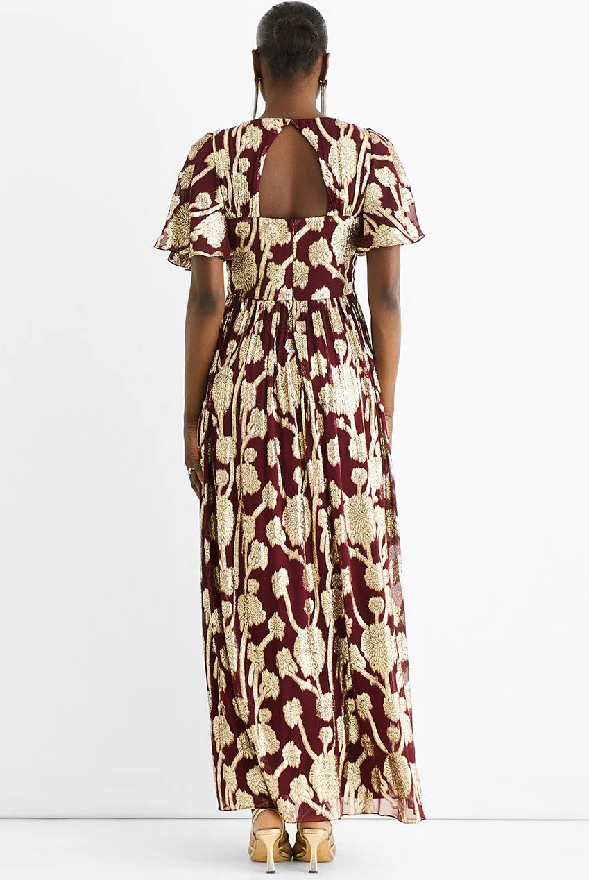Goddiva Gini London abito lungo bordeaux jacquard metallizzato