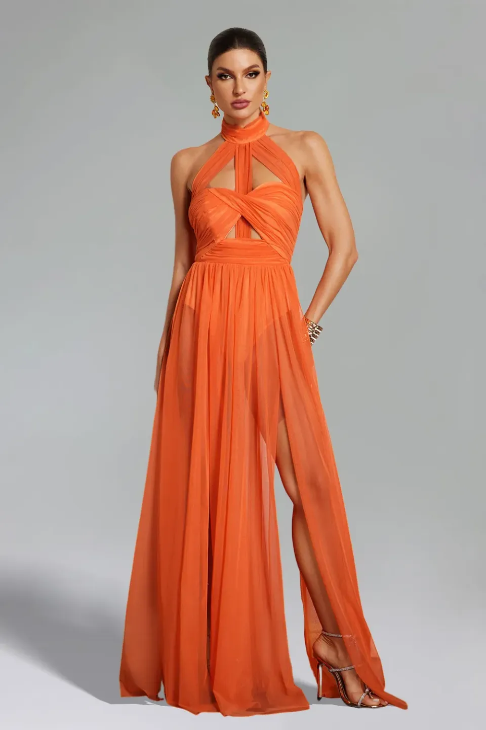 Bella Barnett Rivka abito maxi arancione halter