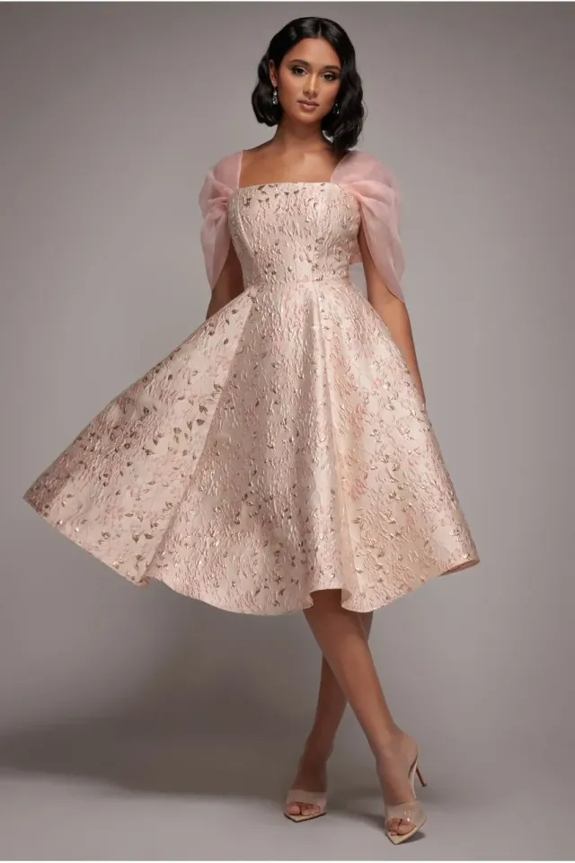 Goddiva abito midi jacquard allacciatura rosa cipria