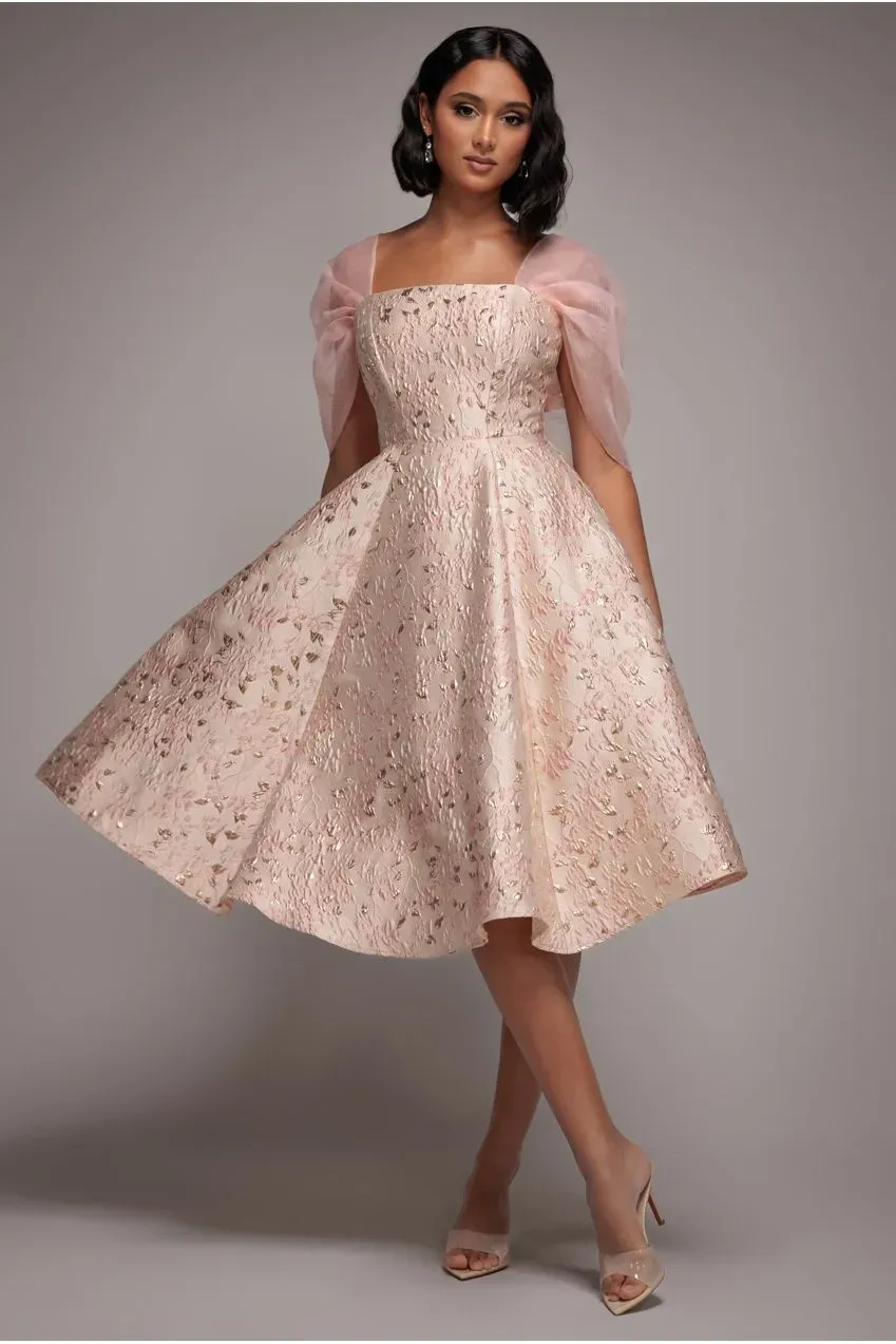 Goddiva abito midi jacquard allacciatura rosa cipria