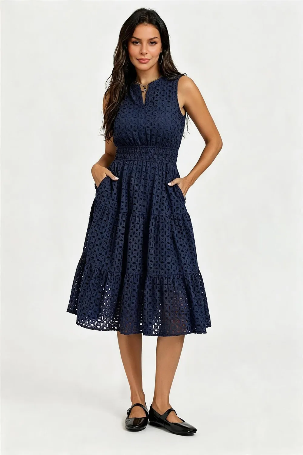 FS Collection Broderie Anglaise Abito Midi Blu Cotone