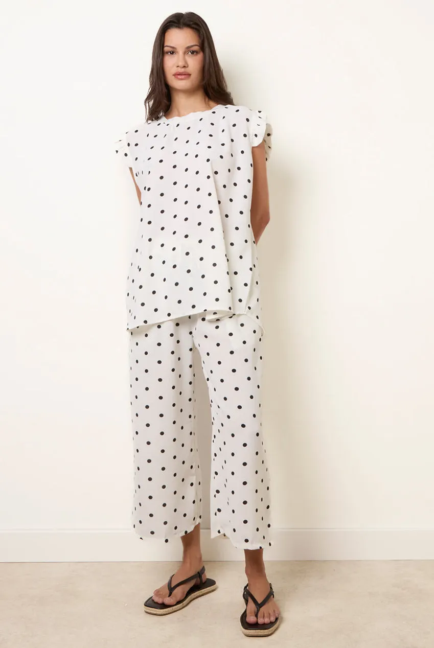 Blue Vanilla coordinato pois bianco top e pantaloni flare