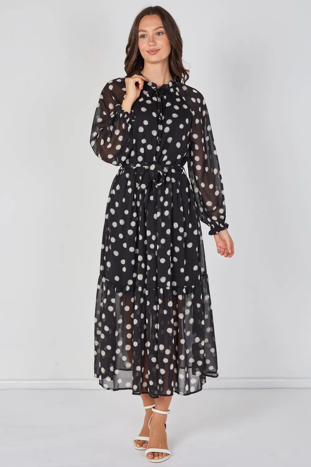 Love Sunshine abito maxi chiffon nero pois con cintura