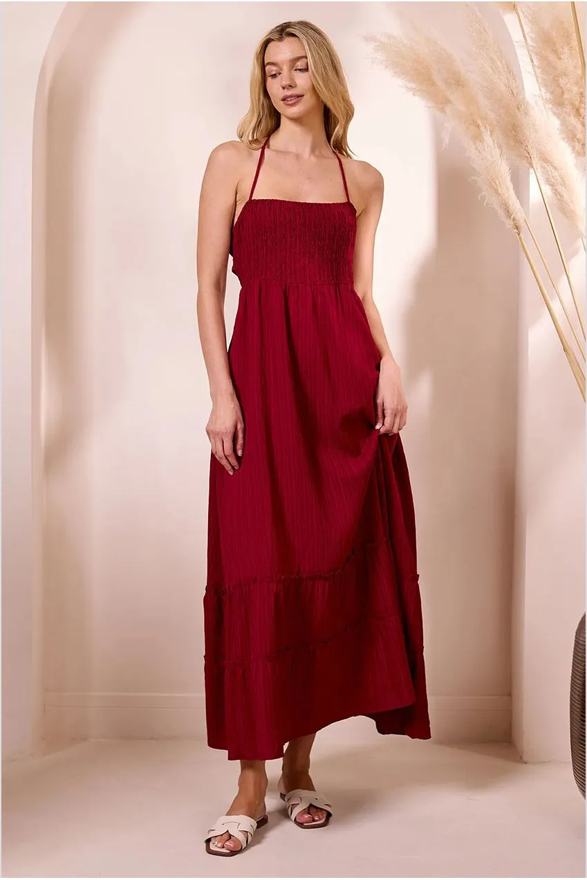 Angeleye Ruched Top abito maxi vino halter arricciato