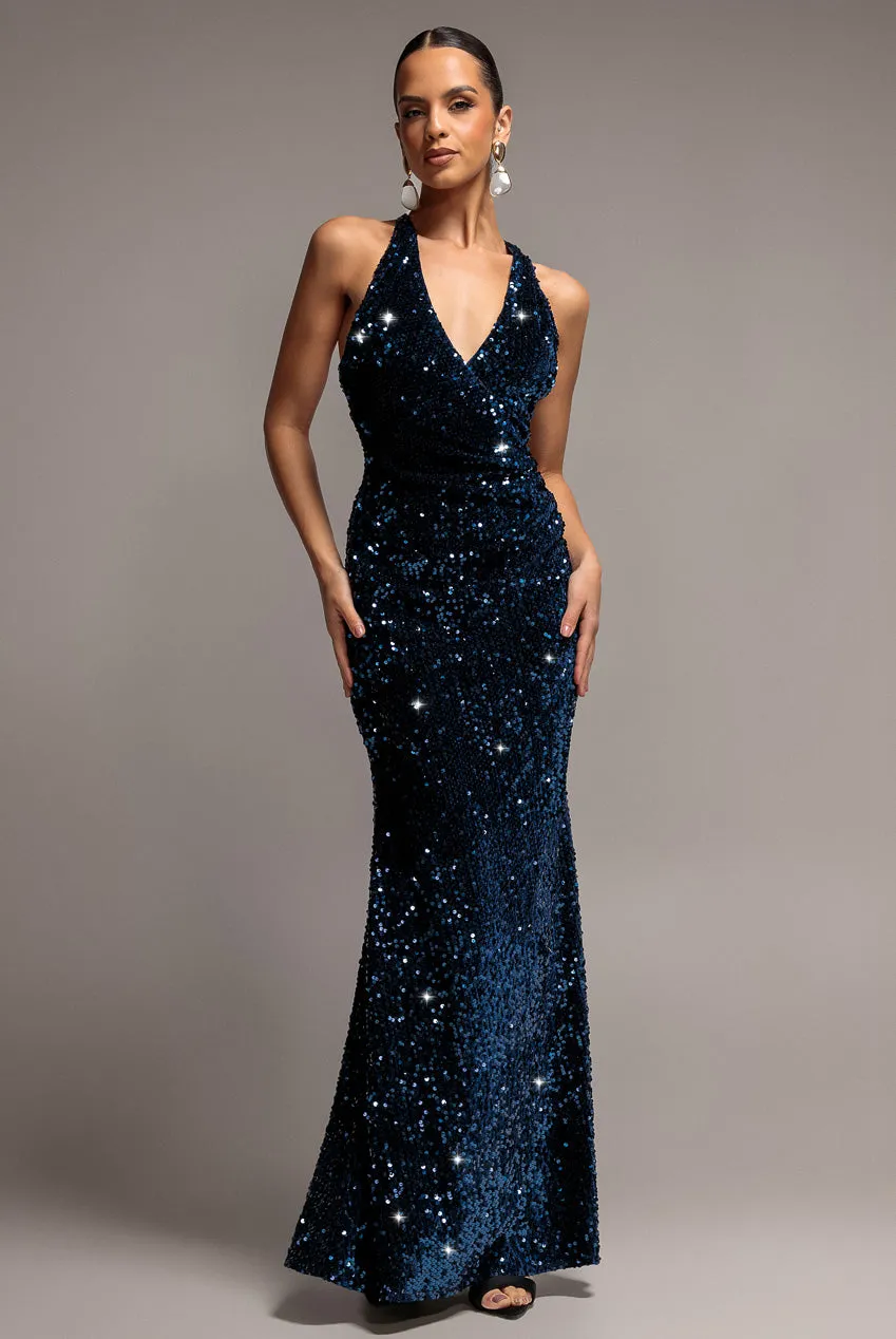 Goddiva Sequin Velvet V Neck Cross Back abito lungo navy paillettes