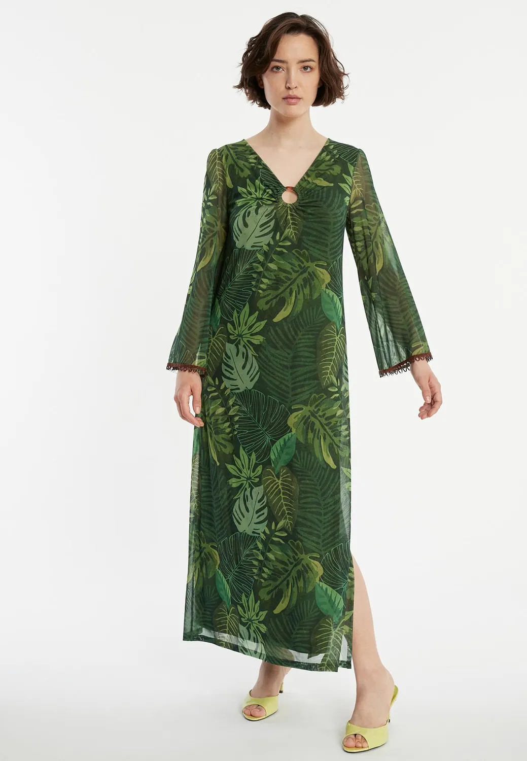 Ana Alcazar Ziesa abito caftano lungo verde jungle