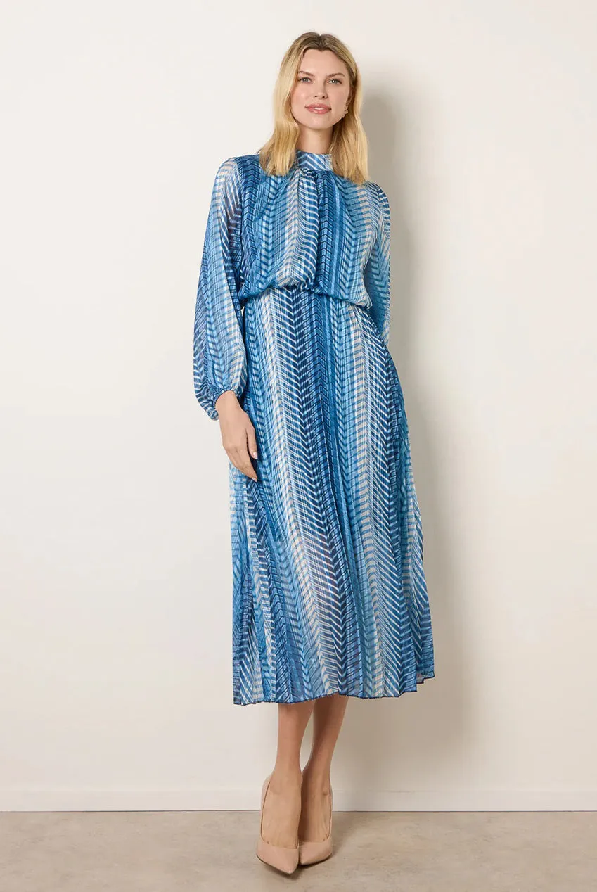 Blue Vanilla abito midi navy plissettato collo alto