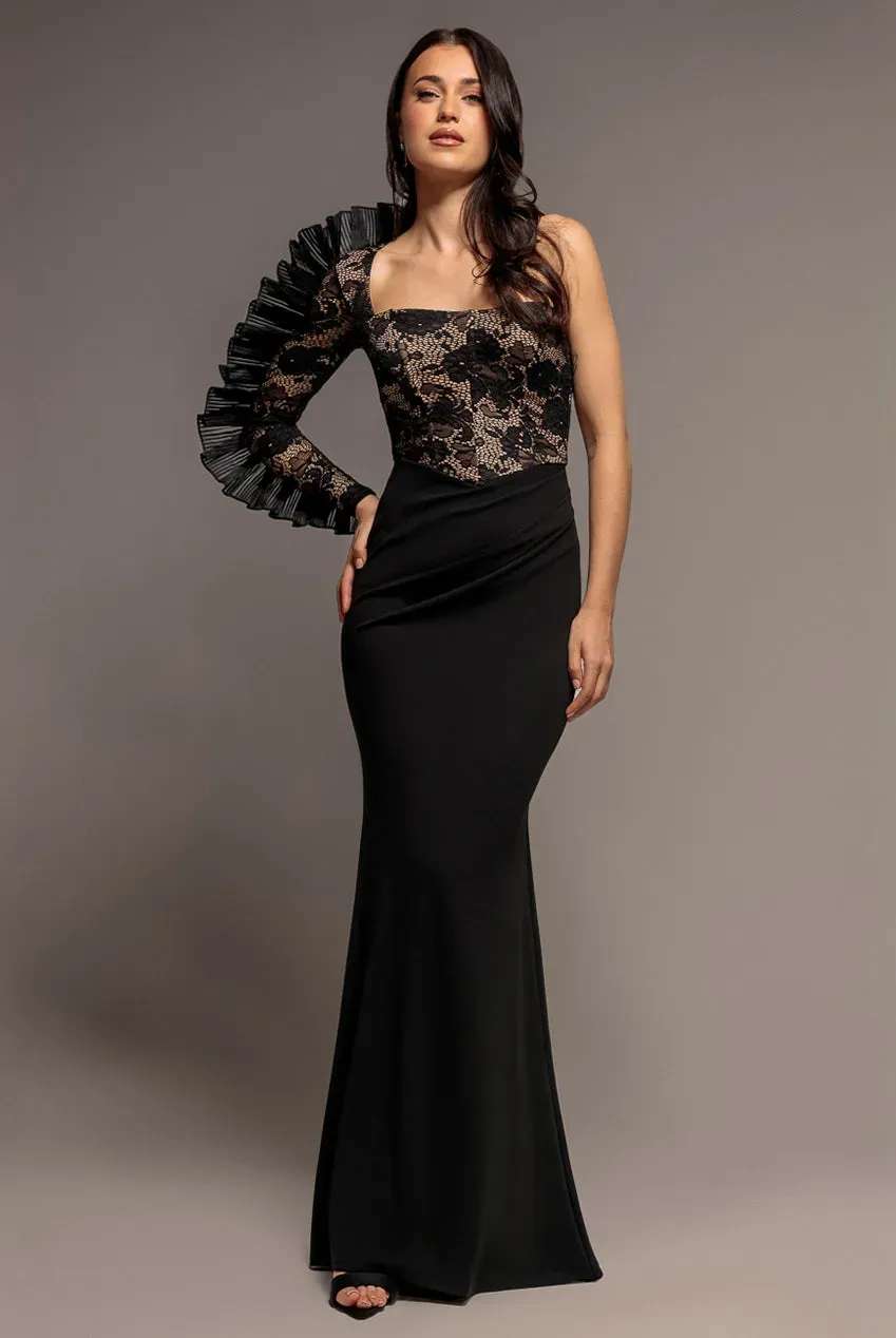 Goddiva One Shoulder abito maxi nero pizzo