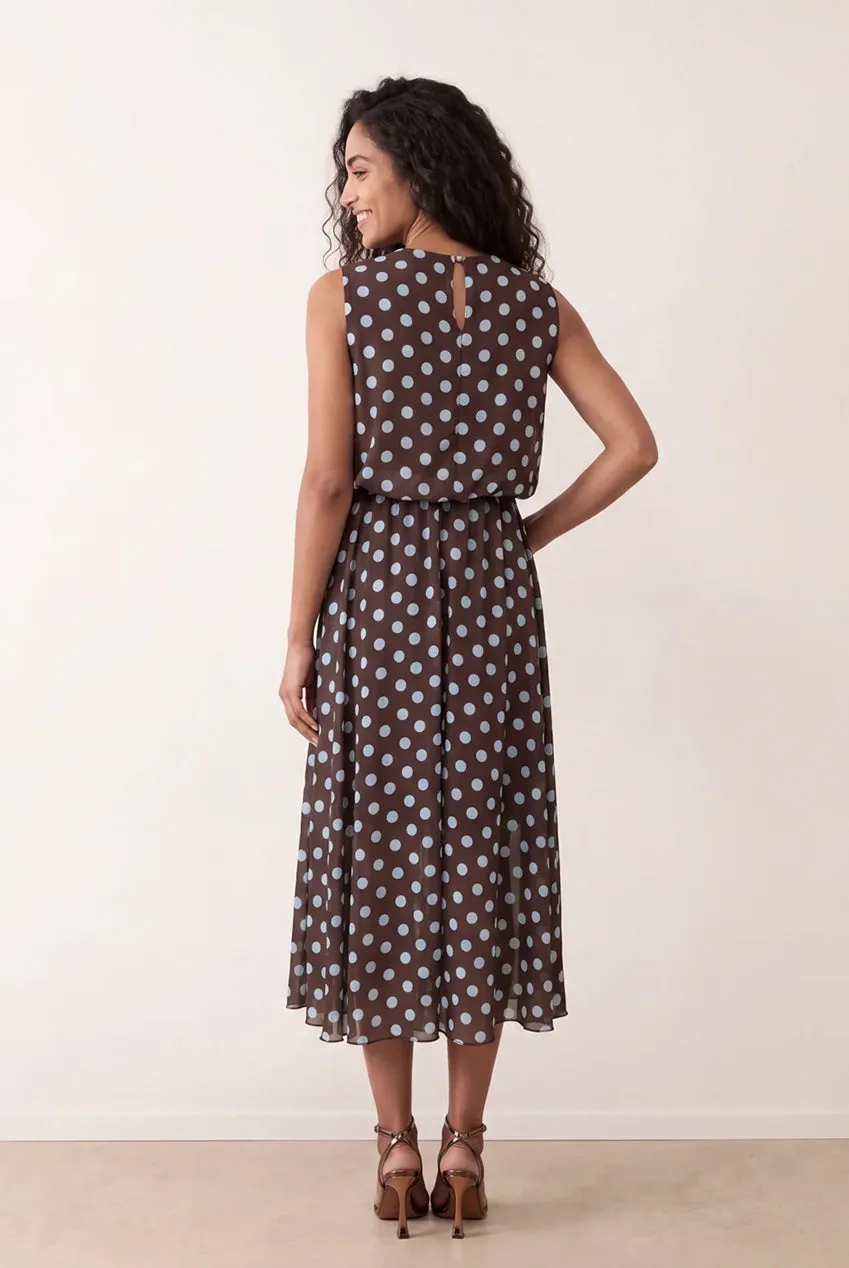 Blue Vanilla Polka Dot Drop Cowl Neck abito midi cioccolato