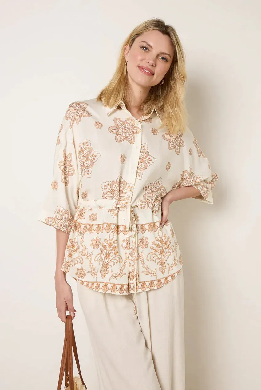 Blue Vanilla Tie Waist camicia floreale beige manica corta