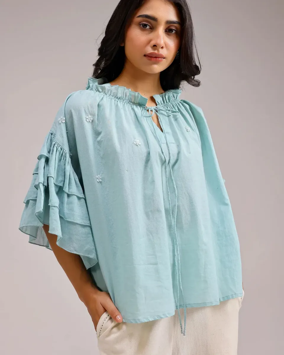 Our Dve Whisper Ruffle Top menta ricamato cotone