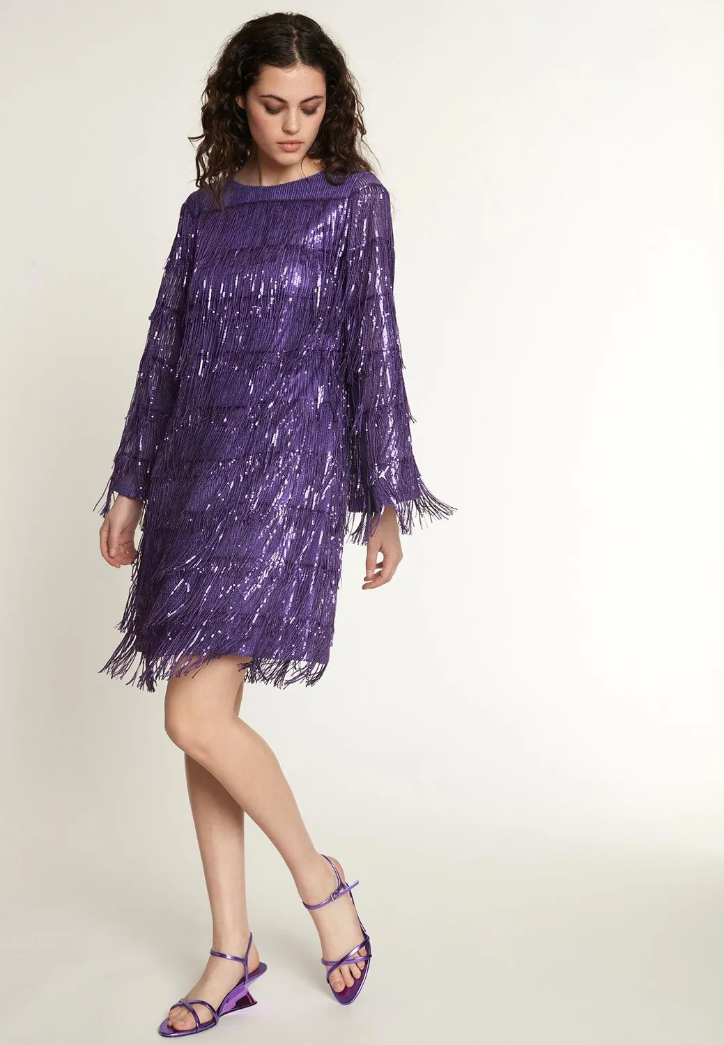 Ana Alcazar Oawa abito cocktail viola paillettes frange