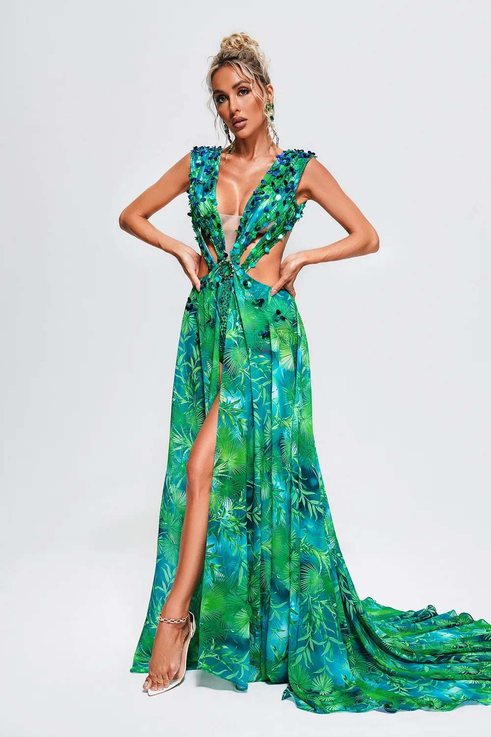 Bella Barnett Yoland abito maxi verde stampa floreale