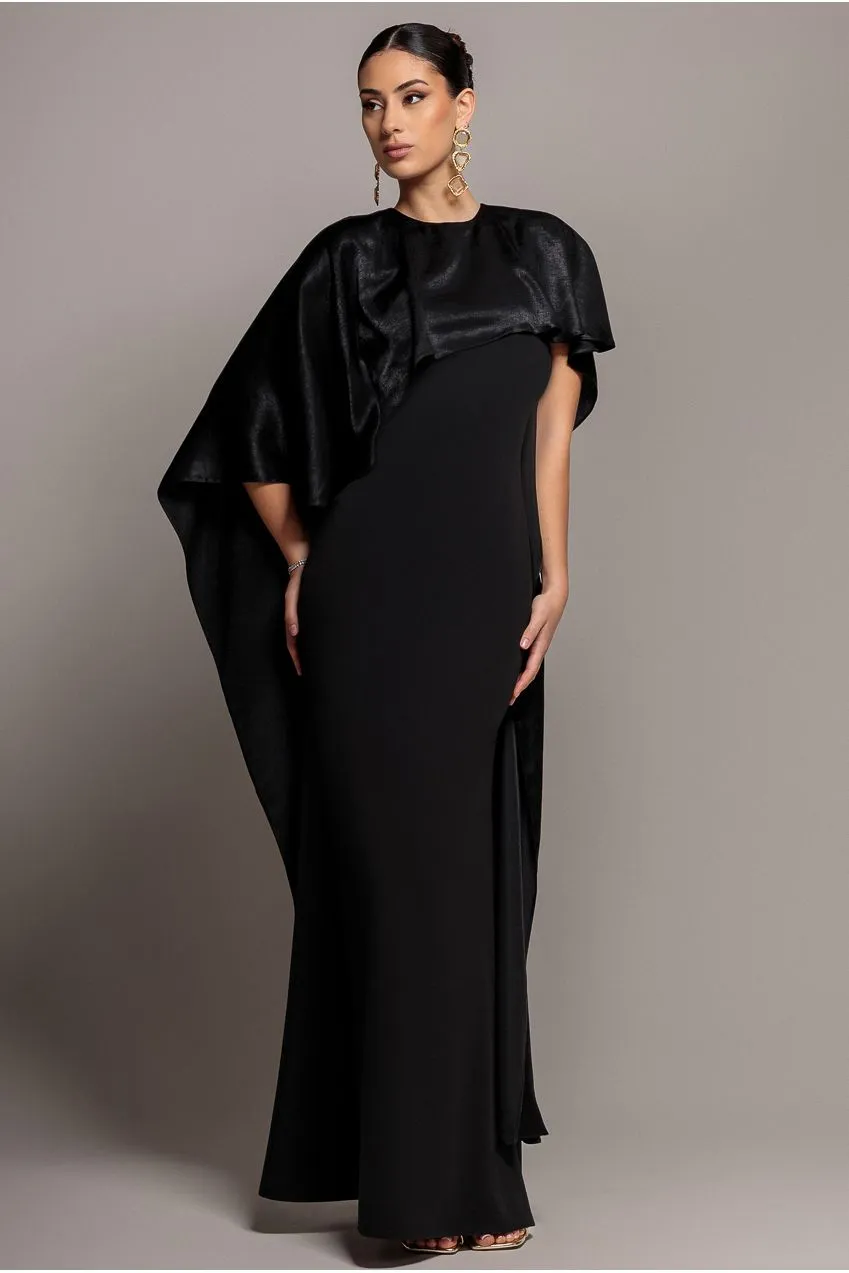 Goddiva Cape Sleeve abito satin nero maxi