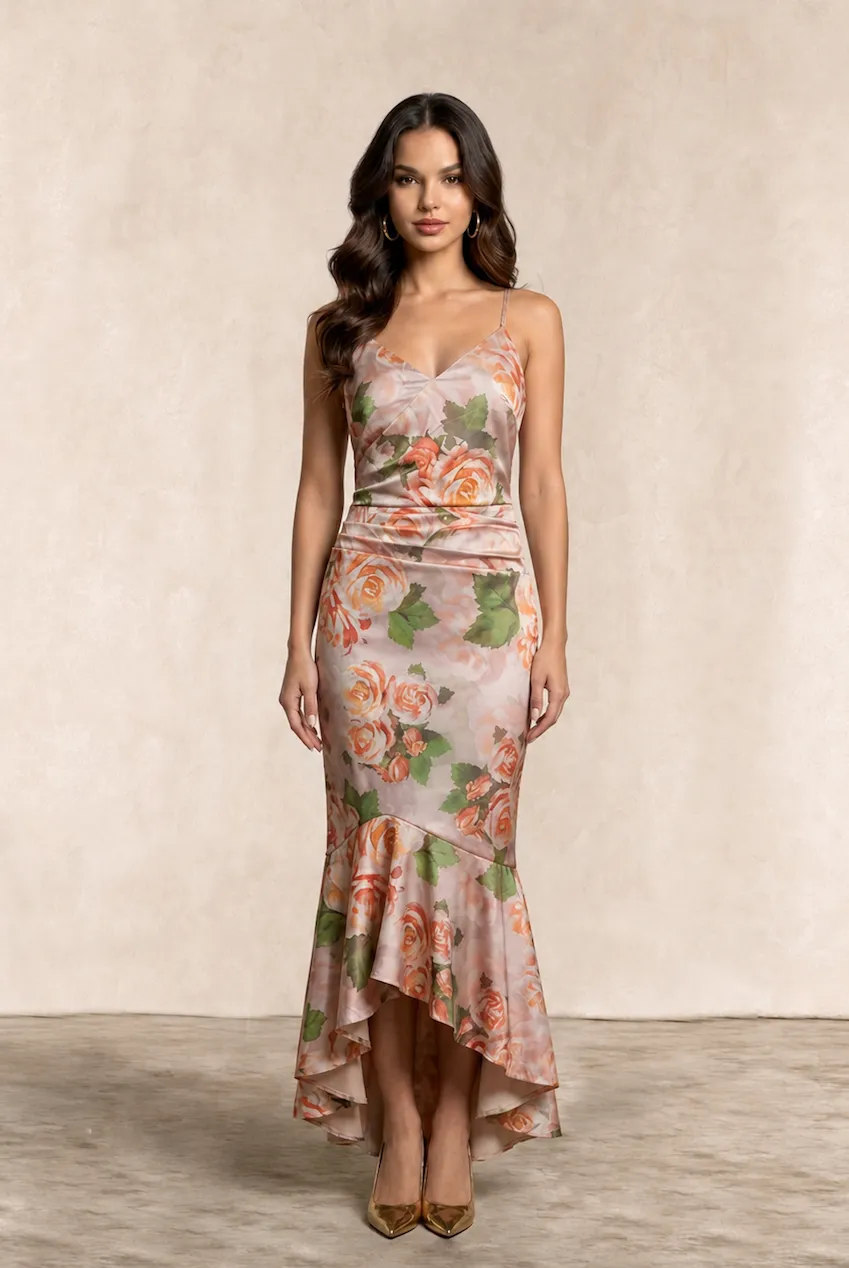 Goddiva Chi Chi London Floral abito midi rosa satin