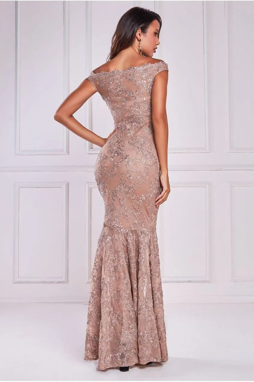 Goddiva Lace Scallop abito sirena pizzo champagne