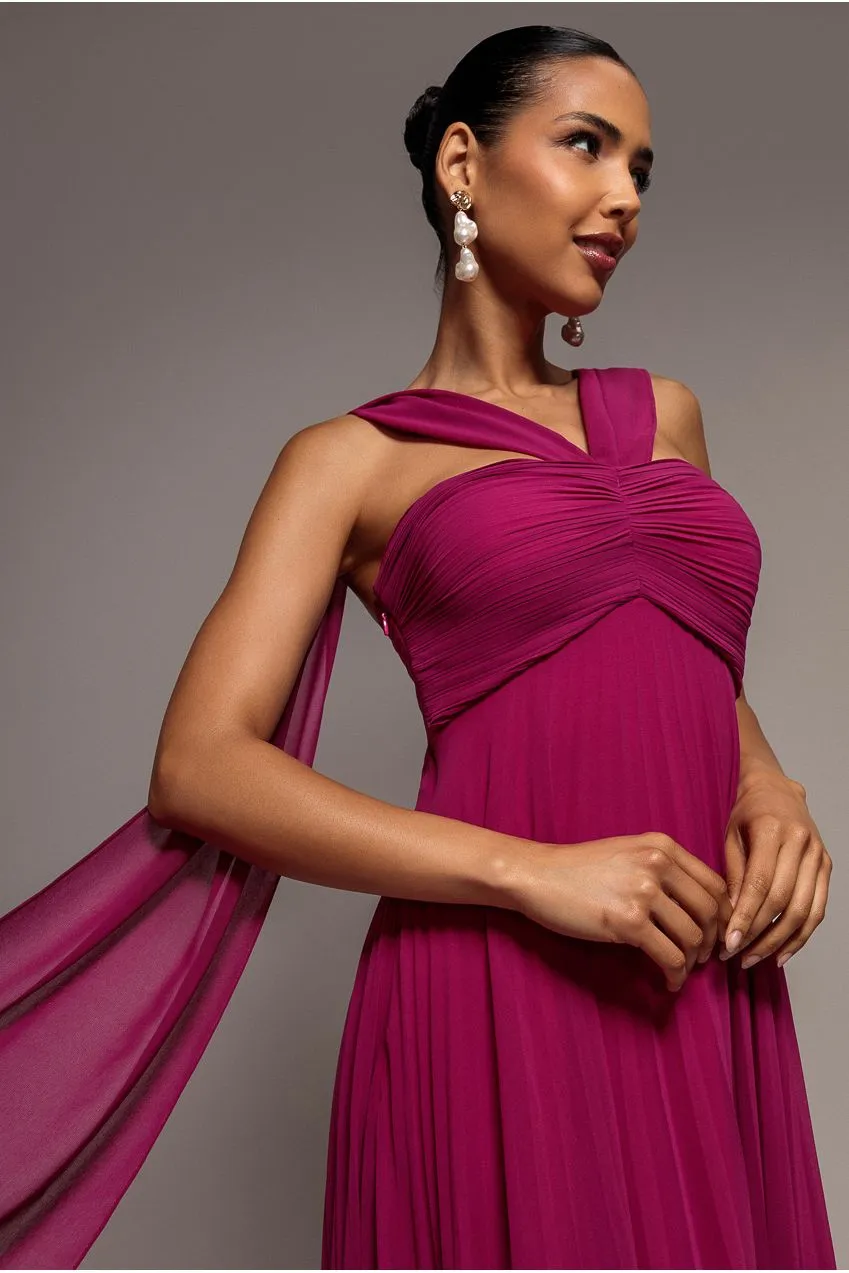 Goddiva Scarf Maxi abito magenta chiffon pieghettato