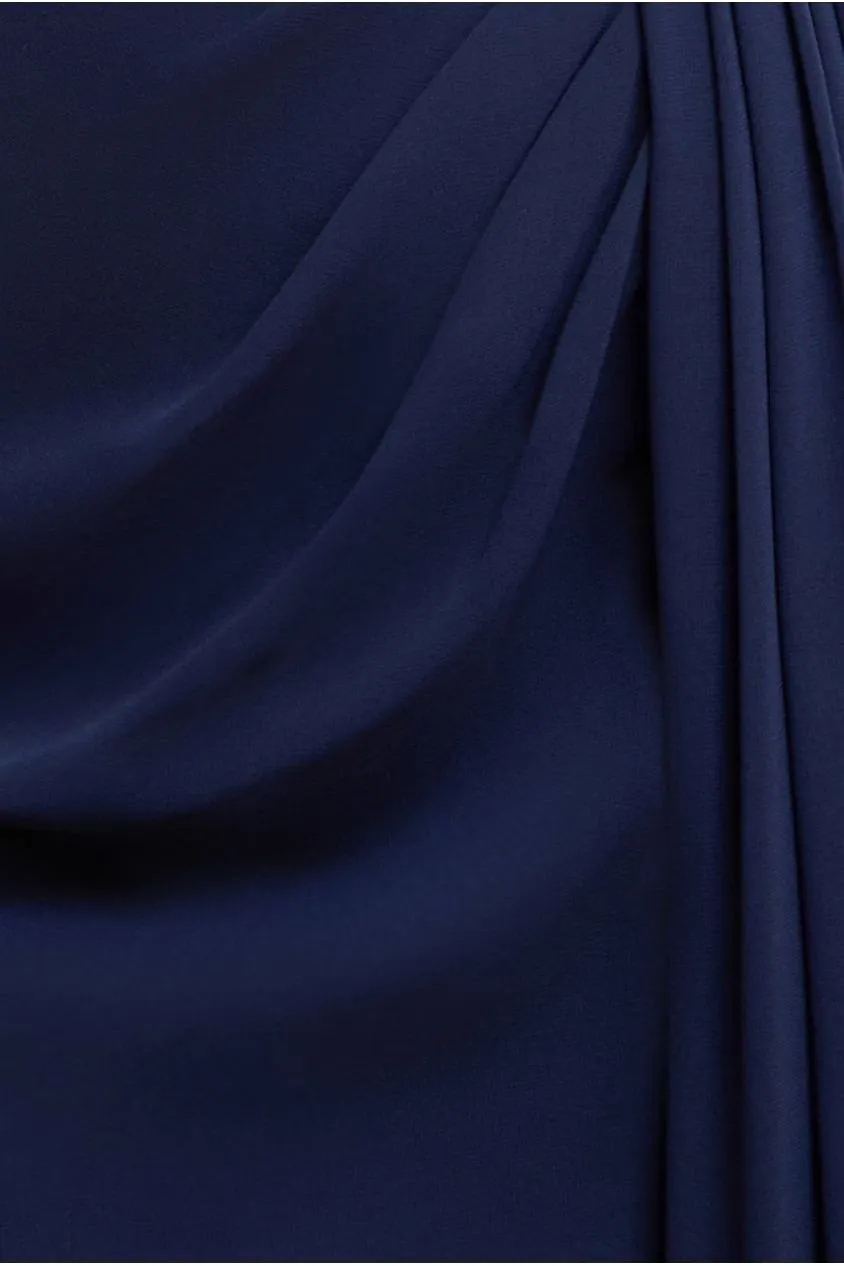 Goddiva Thigh Split abito maxi chiffon blu navy halter spacco