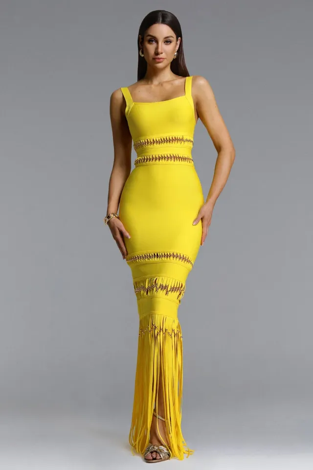 Bella Barnett Shanley Chic Contour Sleeveless Beaded Fringe Bandage Maxi abito giallo