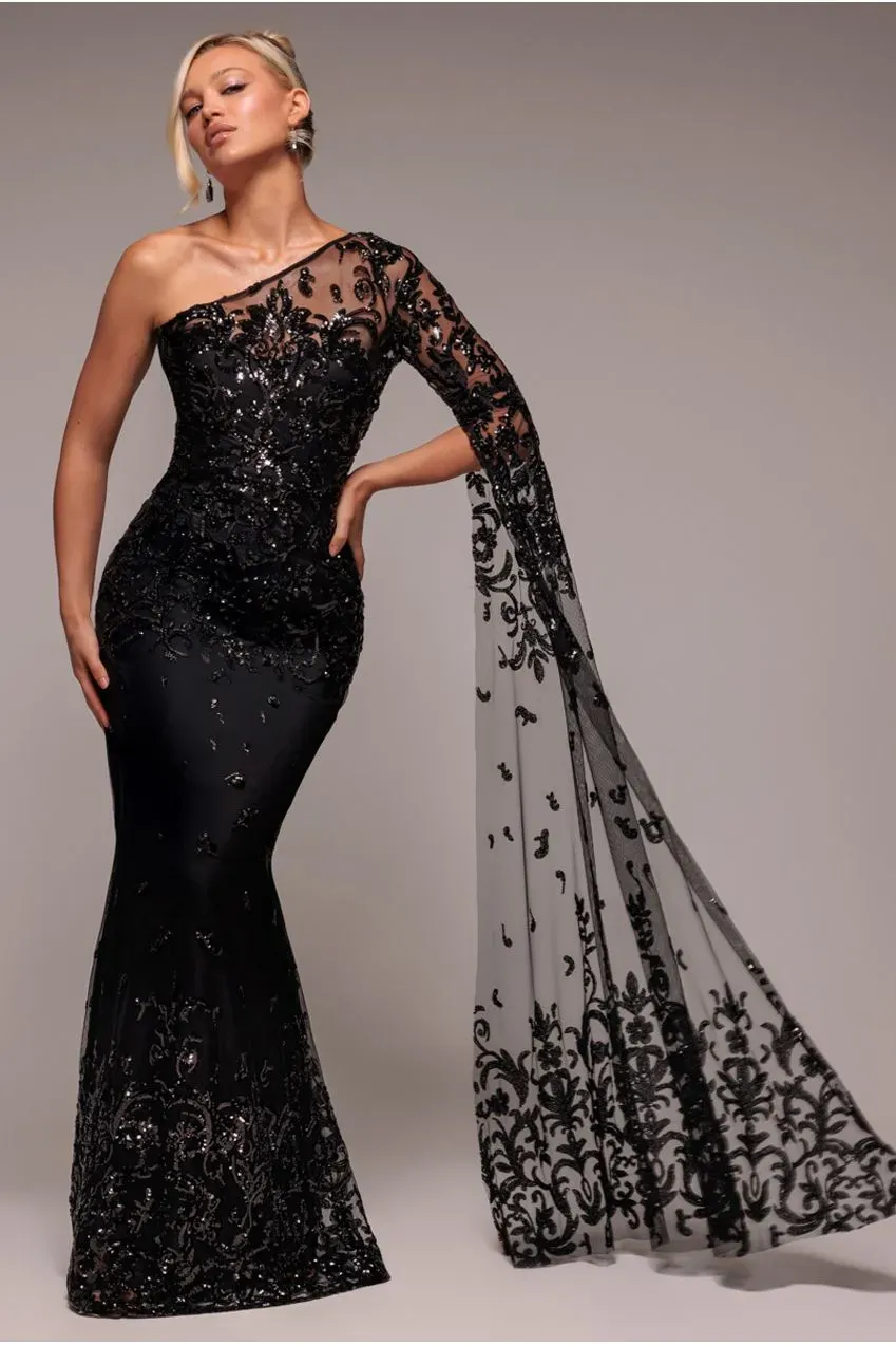 Goddiva One Shoulder abito maxi nero paillettes