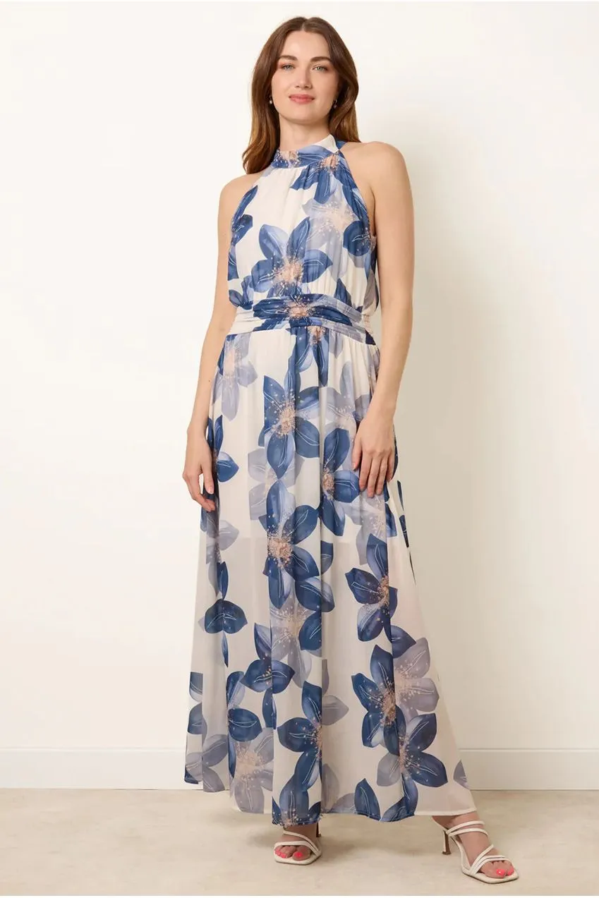Blue Vanilla Floral Abito Maxi Navy Halter Floreale