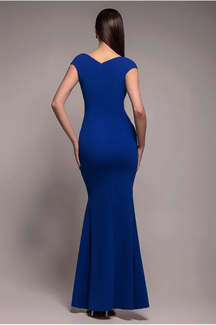 Goddiva Bardot abito maxi blu royal plissé