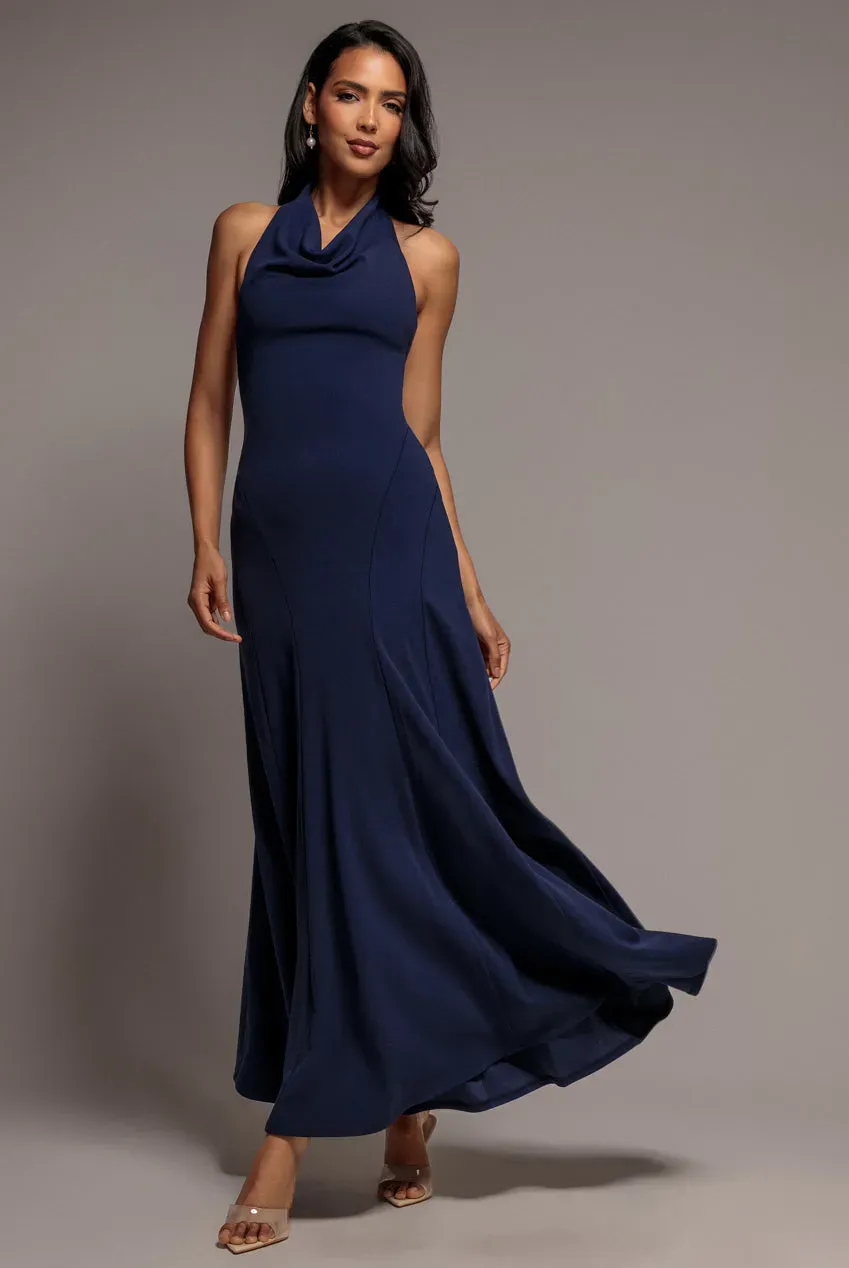 Goddiva Halterneck Cowl Backless abito maxi blu navy scuba