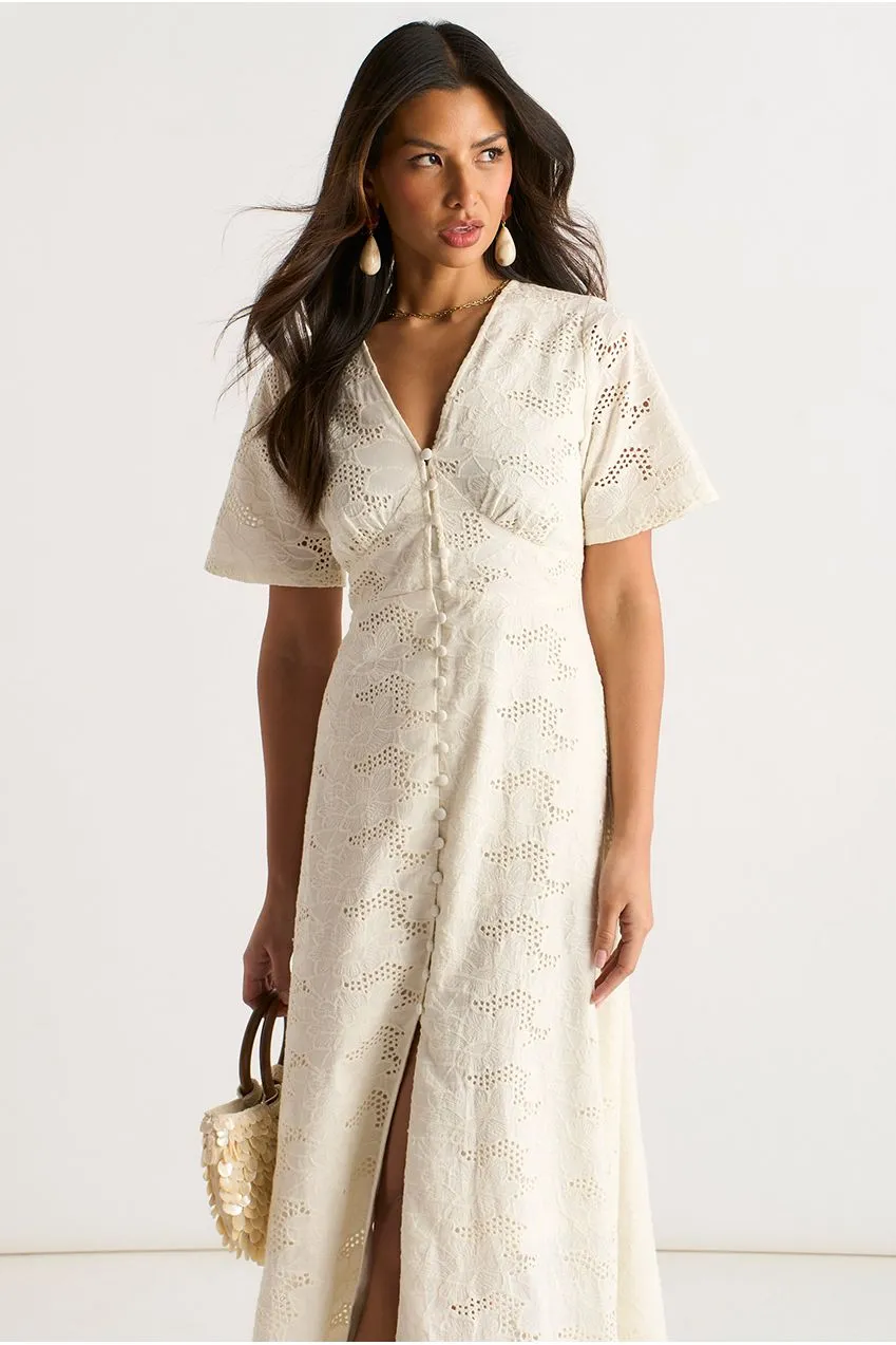 Gini London Button Through abito pizzo bianco midi