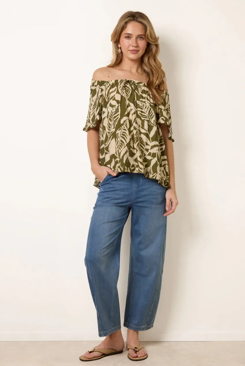 Blue Vanilla Tie Front top kaki fantasia scollo bardot