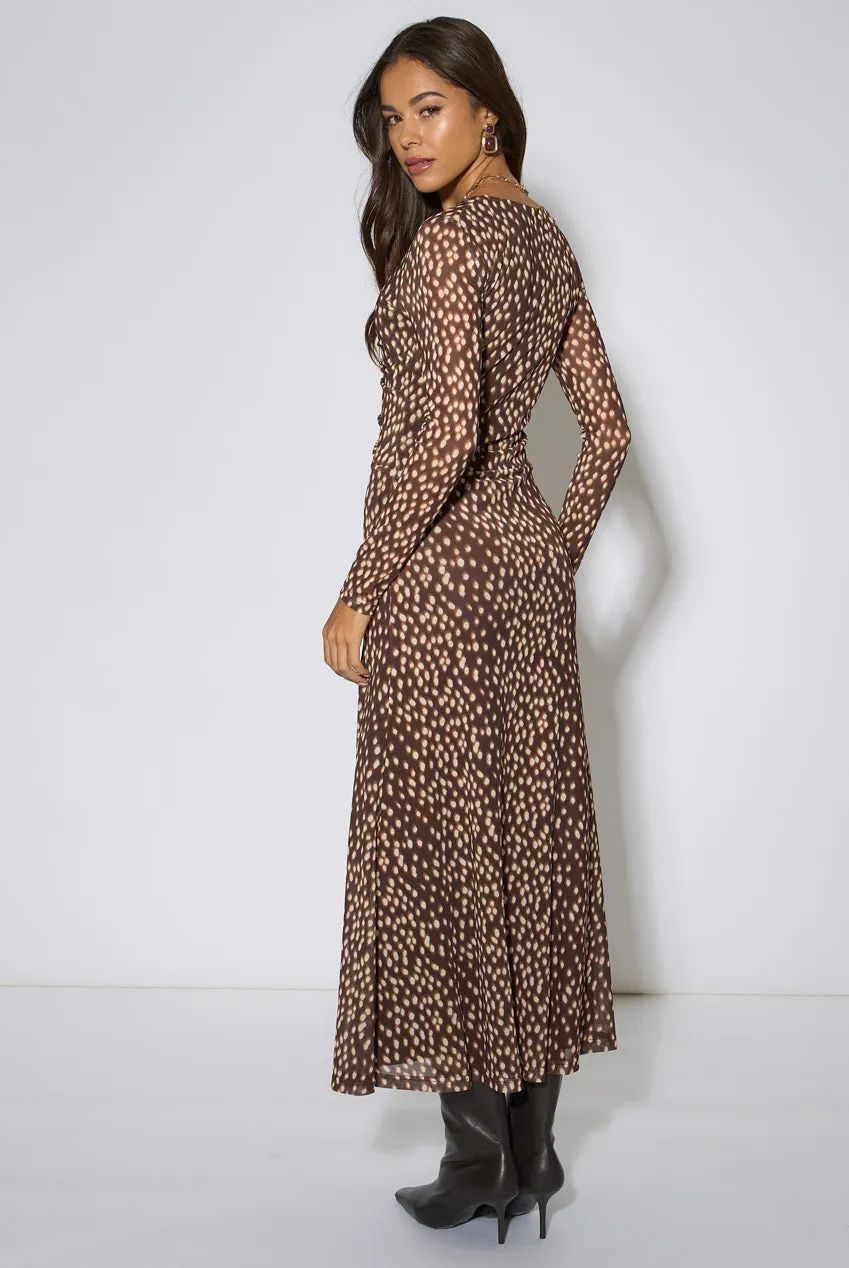 Gini London Animal Mesh Ruched Abito Midaxi Marrone Manica Lunga