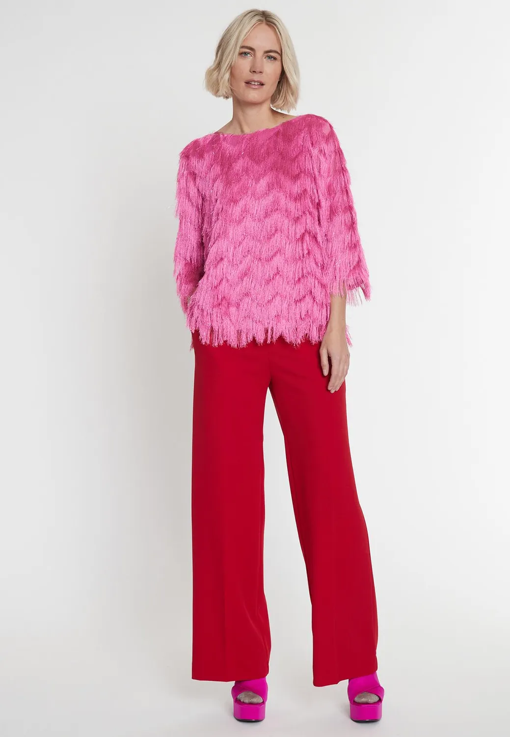 Ana Alcazar Macia top frange rosa zigzag