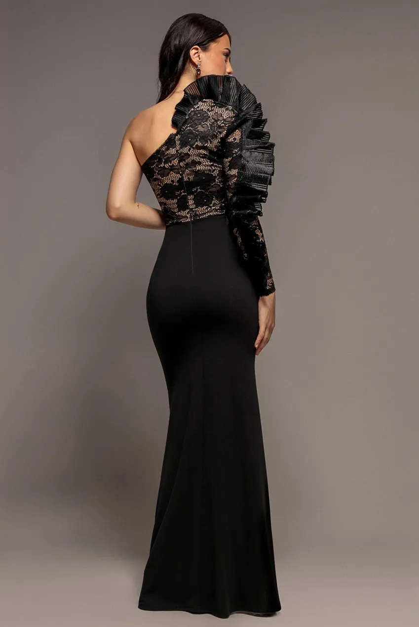Goddiva One Shoulder abito maxi nero pizzo