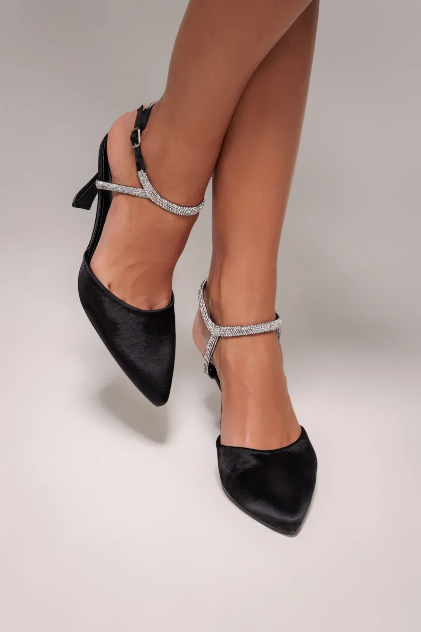 Goddiva Diamante décolleté slingback raso nero con strass